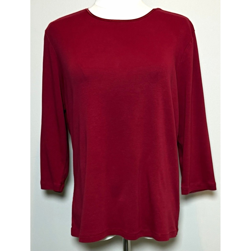 Christopher & Banks Red Solid Knit Cotton Round Neck 3/4 Sleeve Top Women L